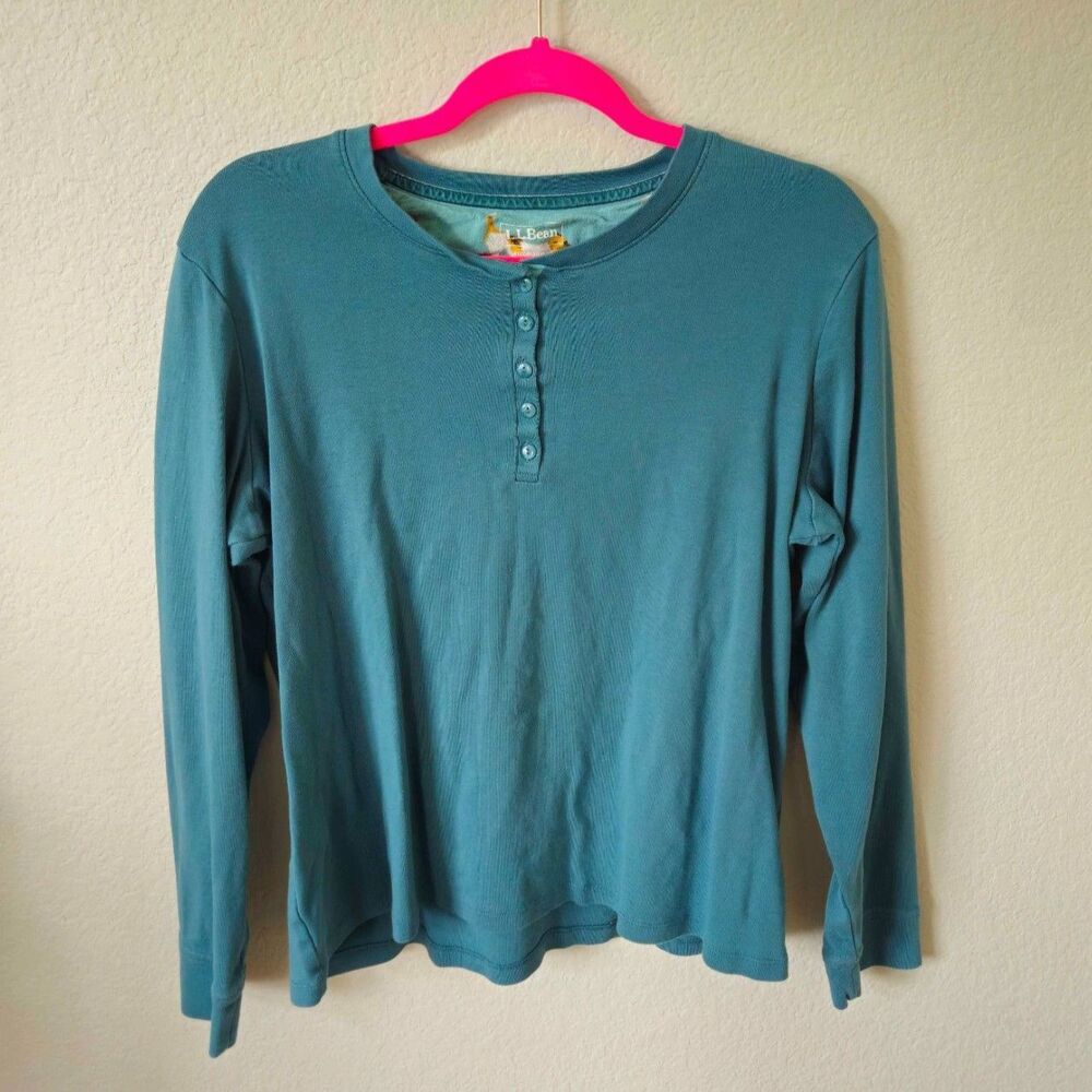 L.L. Bean Teal Long Sleeve Henley Top Size Large Dog Print Neck Gorpcore Granola